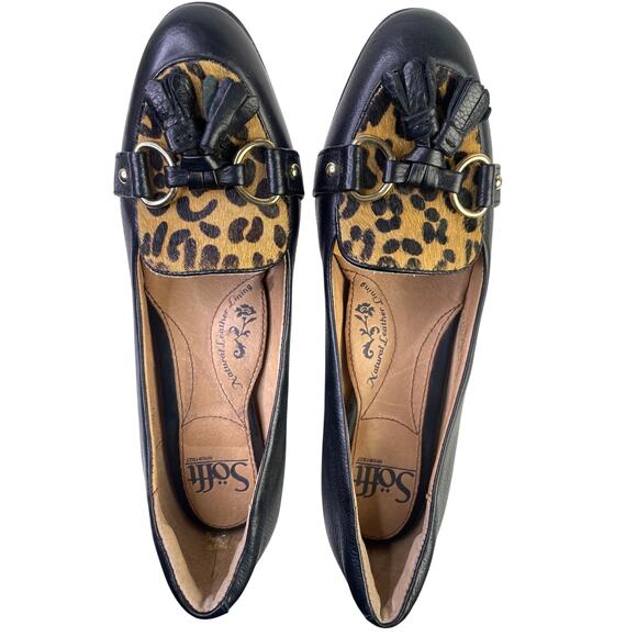 Sofft Womens Black Leopard Leather Pumps 3" Heel Tassles Gold Accents Size 6.5 - Picture 7 of 11